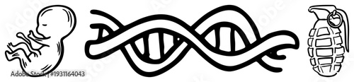 Embryo illustration, genetic helix, explosive device all rendered as clean black. Medical, biological, and military symbols in flat vector art.