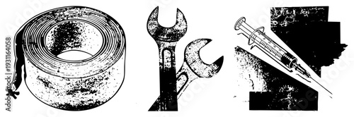 Roll of duct tape, adjustable wrenches, medical syringe with, halftone texture, mechanical repair, medical injection, isolated vector art.