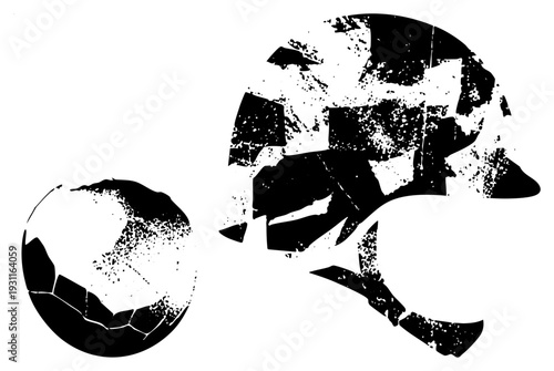 Vintage style soccer ball and helmet with weathered texture, athletic gear, sports equipment, gritty design, stylized vector art.