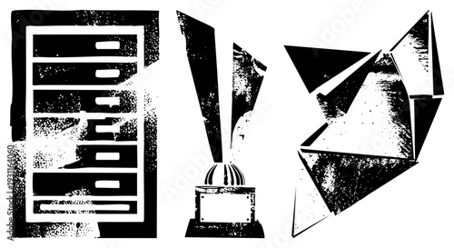 Stylized trophy with distressed texture, award symbols, graphic awards, vector medals, emblem designs, award graphics, competitive symbols.