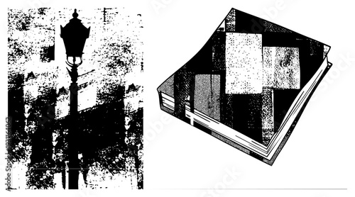 Classic lamppost silhouette beside open book, halftone texture, urban scene, literary motif, graphic, educational design, print.