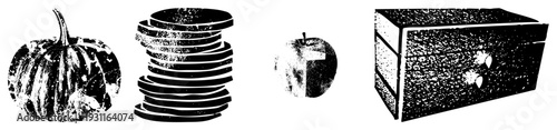 Grungy halftone style pumpkin, sliced bread,, wooden chest. Retro vector graphics with texture, isolated elements, stylized food and storage items.