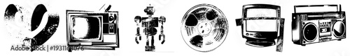 Vintage electronics collection including CRT TV, robot, film reel, cassette deck, boombox nostalgic analog tech, black and white halftone style.