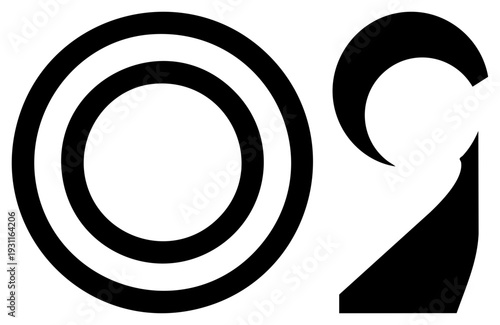 Minimalist glyph style numeral two beside concentric circles, vector art, flat design, isolated graphic, silhouette.