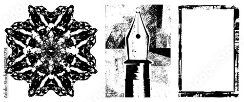 Black and white halftone mandala, ink stained fountain pen, distressed border frame, graphic design element, vintage typographic aesthetic, art piece.