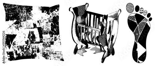 Retro halftone graphic of decorative pillow, wooden cradle, and stylized footprint, print, artistic textile design, nursery decor, abstract.
