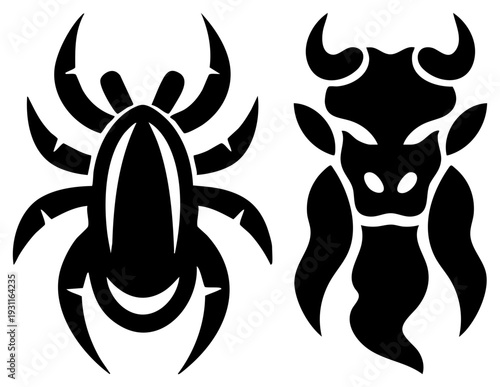 Zodiac crab and bull symbols, astrological signs, horoscope emblems, celestial glyphs, black silhouette, celestial, zodiac representation.
