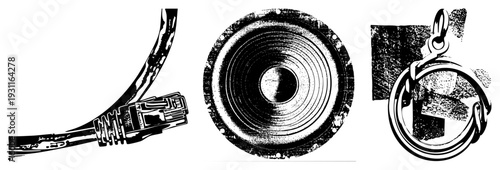 Black/white vector of Ethernet plug, speaker cone, ring charm. Halftone, clean. Tech accessories, wearable tech.