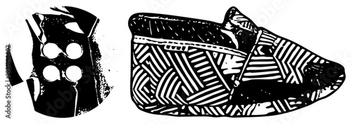 Prehistoric woven sandal and stone tool with holes, primitive artifact, archaeological find, tribal footwear, stone implement, ancient craftsmanship, cultural relic.