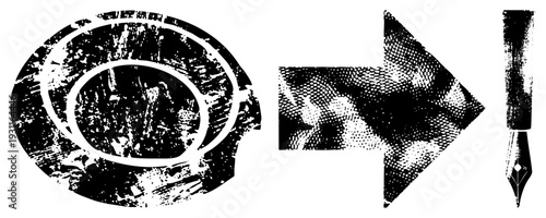 Distressed eye graphic morphing into fountain pen, halftone texture, vector art, design, graphic illustration, typography element, creative workflow symbol.