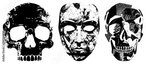 Graphic trio of skull and mask motifs rendered in distressed black and white halftone, ideal for edgy branding or tattoo art, featuring textured surfaces and stark contrast.