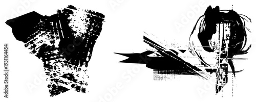 Distressed graphic textures with splatter and scratch marks, artistic background elements, design, vector grunge, digital art assets.