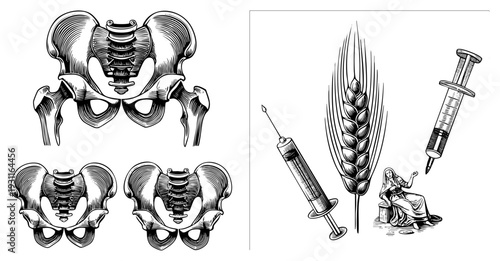 Human pelvic bone anatomy diagrams, wheat stalks, medical syringes, vintage engraving style, skeletal system, agricultural symbolism, medical illustration.