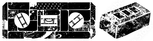 Graphic design featuring fragmented rectangular forms, halftone textures, and circular motifs, vector illustration with distressed stamp effect, modern minimalist composition.