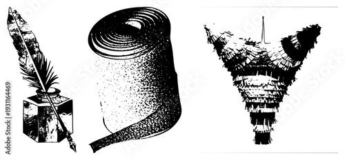 Classic writing tools including quill pen, inkwell, rolled parchment paper, and festive piñata, rendered in halftone dot style. Vintage stationery, celebratory decoration, retro craft supplies.