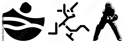Stylized athletic figures in motion, minimalist sport symbols, vector, dynamic poses, abstract human forms, athletic design.