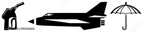Black silhouette of fuel nozzle, jet aircraft, and open umbrella, minimalist vector symbols for aviation, travel, or weather preparedness.