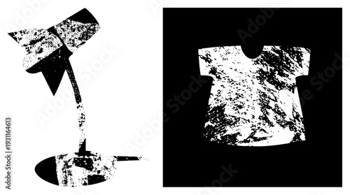 Vector cutouts of bow tie and t shirt with gritty, worn texture, fashion apparel, graphic design elements, stylized silhouette shapes, artistic overlay effect.
