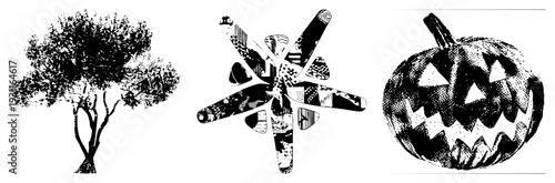 Carved jack o lantern with triangular eyes, jagged grin, halftone texture, festive Halloween symbol, spooky holiday.