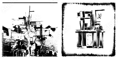 Stylized cityscape fragments rendered in halftone dot, urban architecture, gritty textures, graphic art, composition.