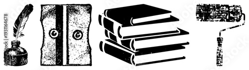 Classic quill pen in inkwell, vintage leather bound book, stacked books, paint roller all isolated vector with halftone texture and flat design.