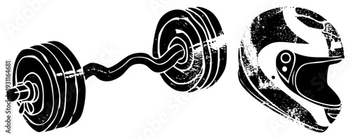 Stylized barbell with weight plates and racing helmet, gym fitness gear, athlete equipment, sport, black and white graphic design.