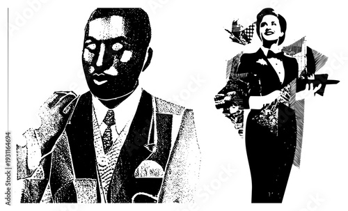 Retro stylized male and female figures in tuxedos, halftone dot, black and white vector art, 1940s glamour aesthetic, isolated cutout.