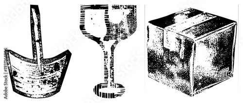 Classic gardening trowel, elegant wine glass, retro cooler box, halftone illustration, graphic design elements.