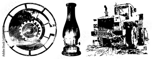 Antique mechanical gear wheel, classic oil lamp, rustic tractor, halftone style, black and white vector, isolated objects, technical illustration.