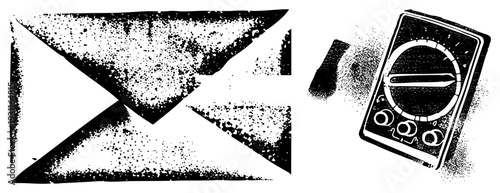 Retro halftone envelope and analog multimeter, classic vector graphics, technical and communication symbols, design, stylized equipment.