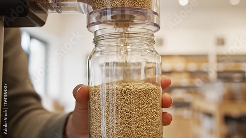 Person pouring grains into a jar.