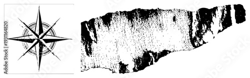 Nautical compass rose with cardinal points, aged map parchment texture, halftone dot, maritime navigation symbol, cartographic design element.