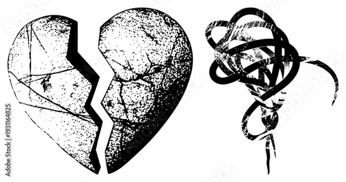 Broken heart symbol with fragmented texture, tangled ribbon knot, halftone style, emotional, relationship metaphor, vector graphic, isolated elements.