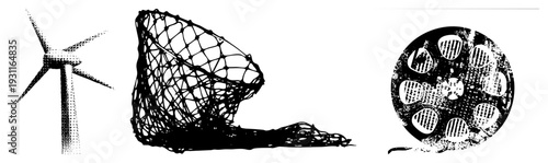 Black and white halftone vector art of wind turbine, abstract netted form, film reel with perforations isolated foreground elements, graphic design, modern minimalism.