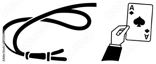 Poker hand gripping ace of spades, lasso rope swirl, western gambling, black vector, isolated gaming symbol, rodeo card motif.