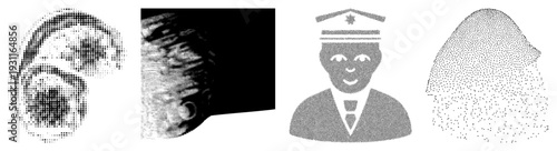 Vector halftone portraits, stylized human profiles, abstract dot art, graphic design, dotted silhouette representations.