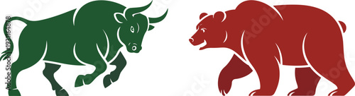 Bull and bear market silhouettes isolated on white background, stock exchange symbol of financial trading trend vector illustration
