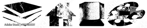Black and white vector with distressed texture layered paper, home symbol, computer monitor, artist’s palette, graphic design elements.