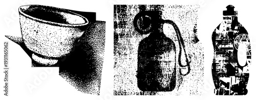 Artisanal ceramic bowl rendered in halftone dot, textured stoneware mug, rustic tableware, vintage, dotted design.