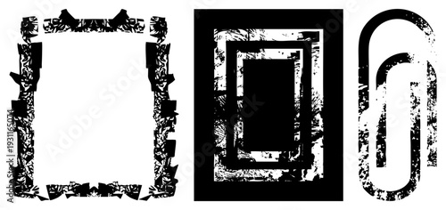 Distressed black and white graphic frames with torn edges, nested rectangles, and paperclip, ideal for retro design,, or UI elements. Grunge texture, vector, isolated cutout.