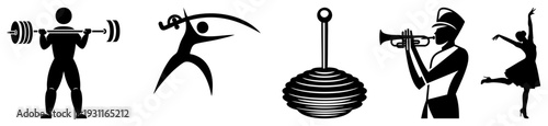 Athletic weightlifter, graceful dancer, spinning top, band trumpet player, ballet performer all rendered as minimalist black vector silhouettes.