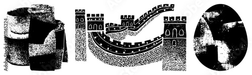 Geometric shapes rendered in high contrast halftone, abstract composition, graphic design elements, textures, isolated vector forms, modern art motifs.