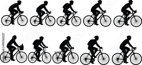 Cyclist silhouette collection isolated on white background, man and woman riding bicycle black vector illustration set