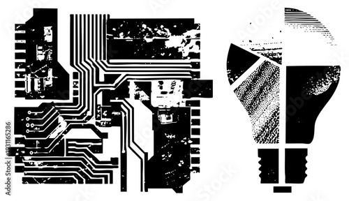 Abstract tech graphic featuring circuit board and lightbulb, halftone, digital illustration, tech, vector art.