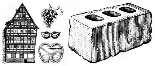 Vintage timber framed building, grape cluster, carnival masks, concrete texture classic vector art. Half timbered, Venetian, rustic, architectural.