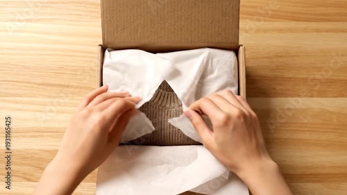 Unboxing a sweater from a box.