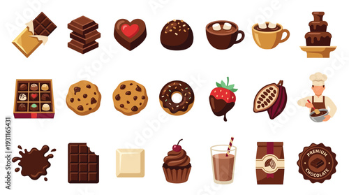 A vibrant collection of diverse chocolate-themed illustrations, showcasing various treats and ingredients.