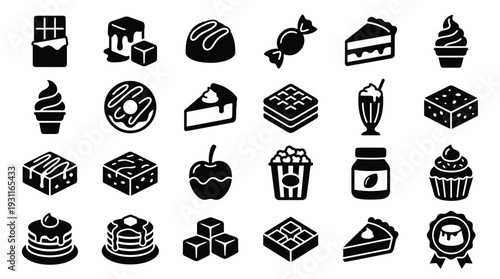 A collection of 24 black and white icons representing various sweet food items and desserts, including chocolates, cakes, donuts, and ice cream.