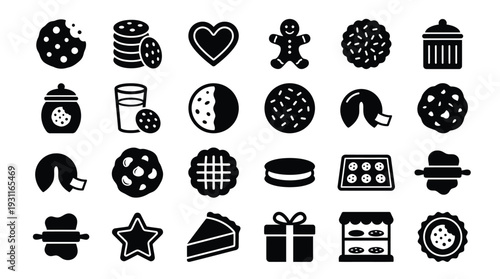 A collection of black and white icons representing various types of cookies, baked goods, and baking tools, presented in a grid format.