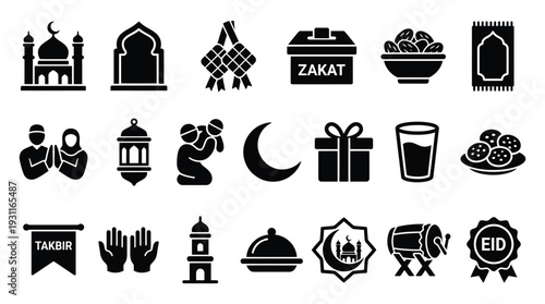 Collection of Islamic and Eid al-Fitr celebration icons, including mosques, prayer mats, lanterns, zakat boxes, and festive food items.